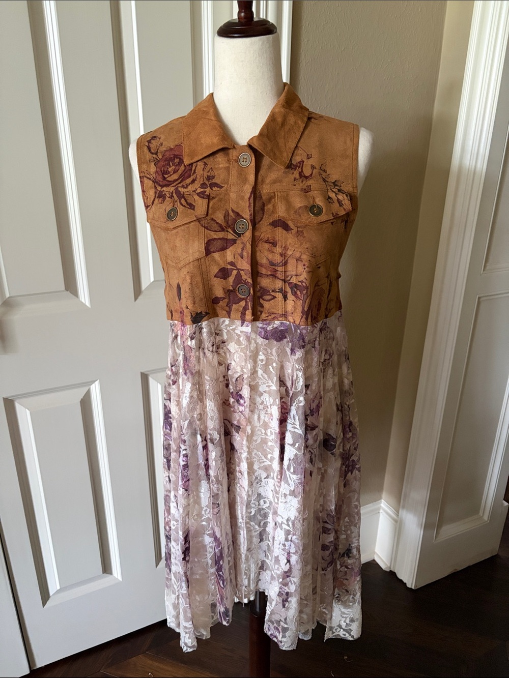 Origami Sueded & Lace Vest Duster Tunic Brown w/Subtle Purple Floral S